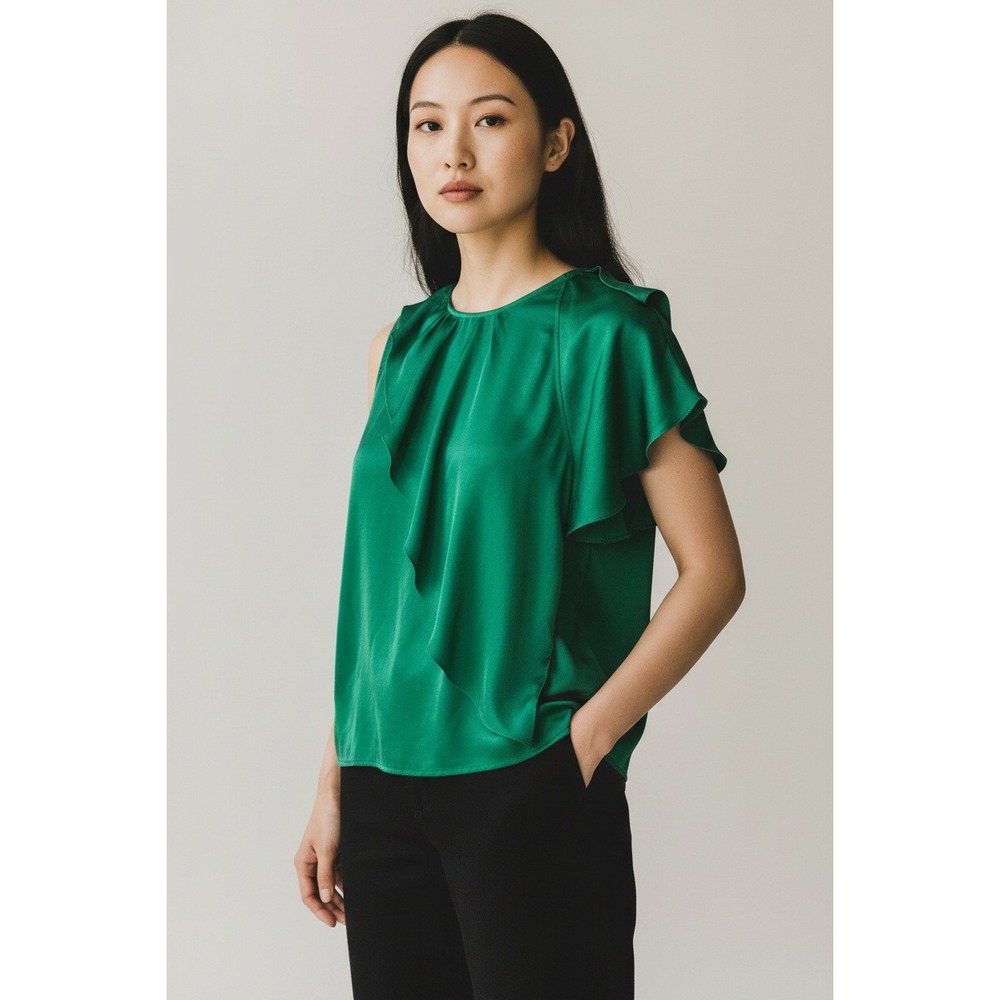 Mango Emerald Green Asymmetrical Ruffle Sleeveless Satin Blouse Top Size Medium